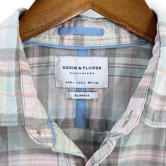 DENIM & FLOWERS Men’s Slim Fit Shirt Plaid Button Up Short Sleeve Size Large - Picture 2 of 7